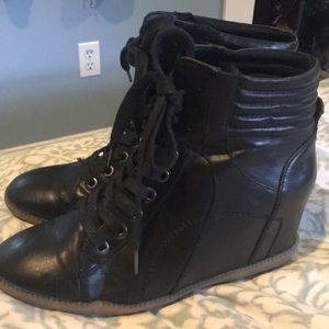 High top black lace up sneakers